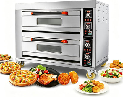 Commercial 13.2KW Double Deck Pizza Oven - Stainless Steel Movable Multipurpose Oven for Bread, Meats, and Pastries with Large Capacity and Wheels, 220V/3PH