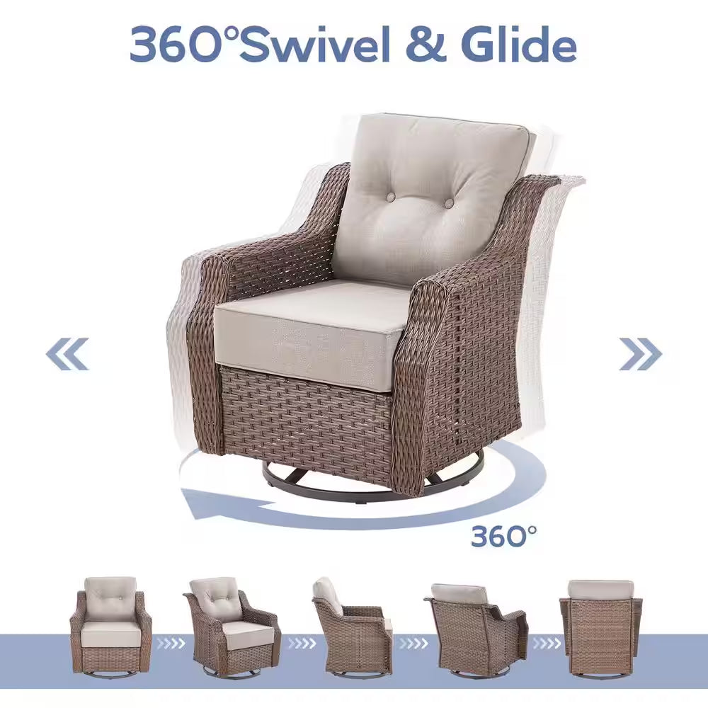 Chic Modern Farmhouse 7-Piece Brown Wicker Patio Set with Beige Cushions & Stylish Metal Fire Pit