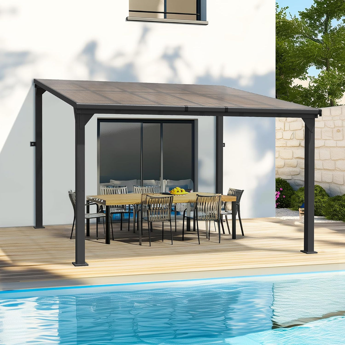 10x12 FT Aluminum Frame Pergola with Thickened Pillars and Enlarged Base, UV Resistant Outdoor Hardtop Lean-to Gazebo
