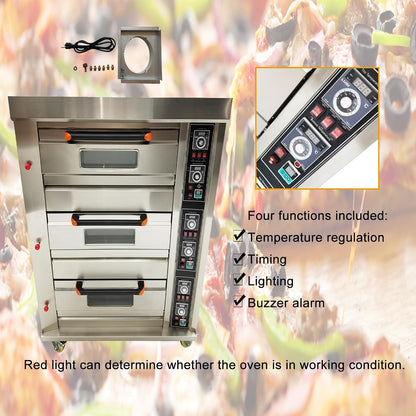 Professional 3-Layer Gas Pizza Oven with 6 Plate Capacity, 110V 300W Stainless Steel, Ideal for Restaurants and Bakeries, Temperature Range 0℃-400℃, Timer 0-99 Minutes, Single Phase