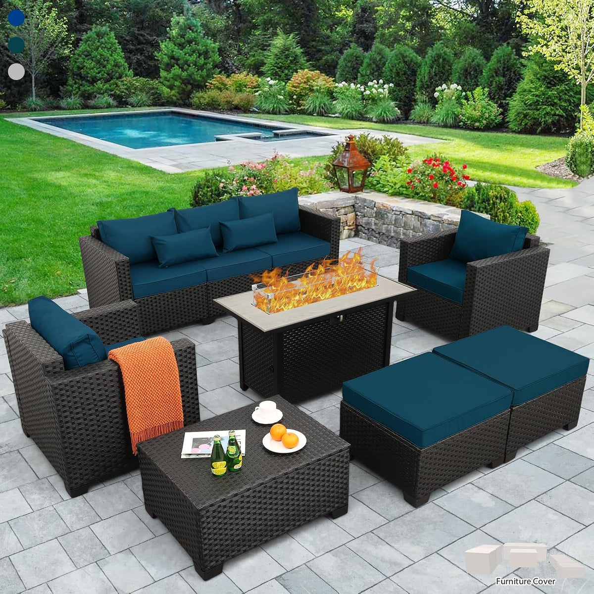Luxurious 7-Piece Outdoor Patio Furniture Set with 45-Inch Propane Fire Pit Table - 60000 BTU, Light Grey Sofa & Chairs, Anti-Slip Cushions, Waterproof Covers