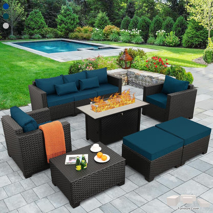 Luxurious 7-Piece Outdoor Patio Furniture Set with 45-Inch Propane Fire Pit Table - 60000 BTU, Light Grey Sofa & Chairs, Anti-Slip Cushions, Waterproof Covers