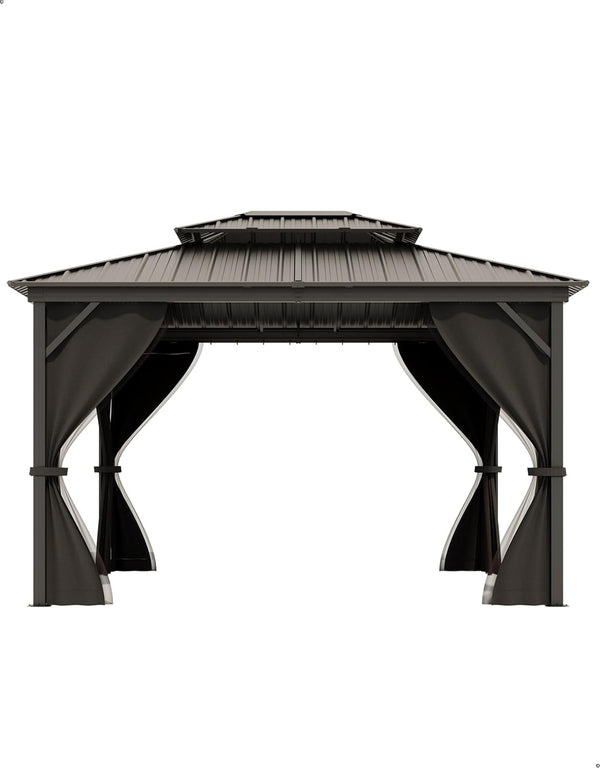 Elevate Your Outdoor Experience with Our 12X14 Ft Hardtop Gazebo - Heavy Duty Double Roof, Nettings, and Curtains for Ultimate Comfort and Style in Grey