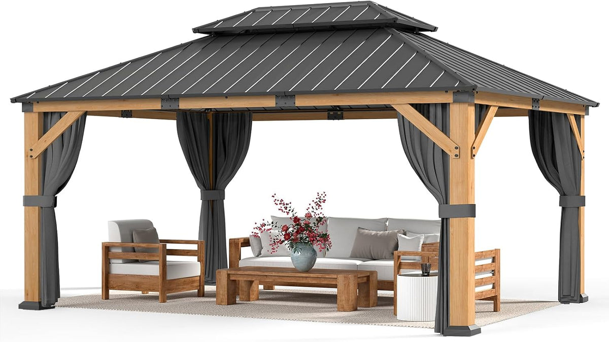Transform Your Outdoor Space with the Elegant 12' x 16' Wood Gazebo Featuring a Hardtop, Double Galvanized Steel Roof, and Complete Privacy Solutions