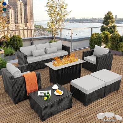 Luxurious 7-Piece Outdoor Patio Furniture Set with 45-Inch Propane Fire Pit Table - 60000 BTU, Light Grey Sofa & Chairs, Anti-Slip Cushions, Waterproof Covers