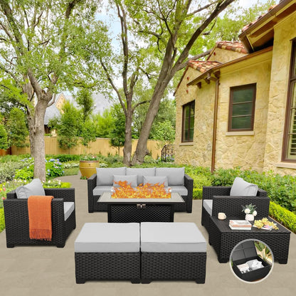 Luxurious 7-Piece Outdoor Patio Furniture Set with 45-Inch Propane Fire Pit Table - 60000 BTU, Light Grey Sofa & Chairs, Anti-Slip Cushions, Waterproof Covers