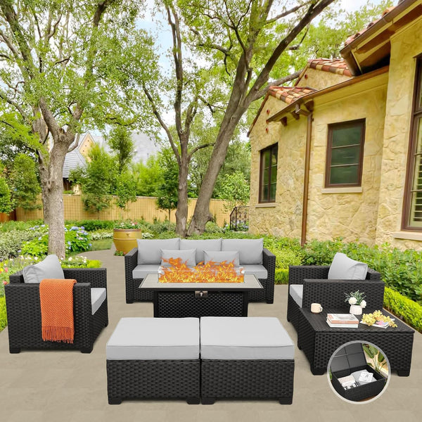 Luxurious 7-Piece Outdoor Patio Furniture Set with 45-Inch Propane Fire Pit Table - 60000 BTU, Light Grey Sofa & Chairs, Anti-Slip Cushions, Waterproof Covers