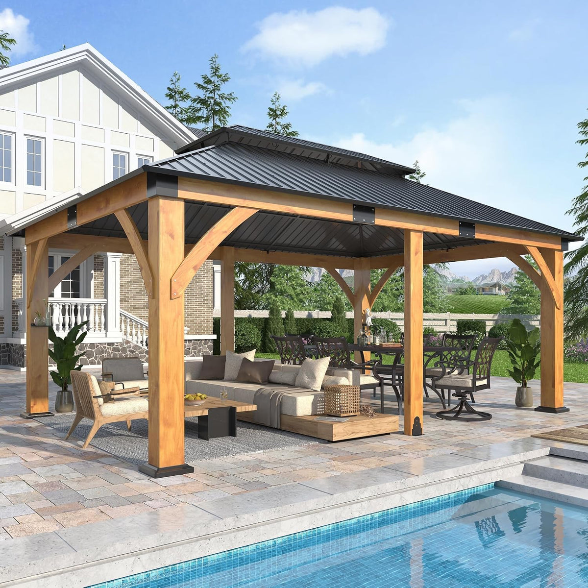 Luxurious 12’X 20’ Outdoor Spruce Wood Gazebo with Elegant Double Roof Design and Versatile Shelving