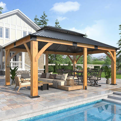Luxurious 12’X 20’ Outdoor Spruce Wood Gazebo with Elegant Double Roof Design and Versatile Shelving