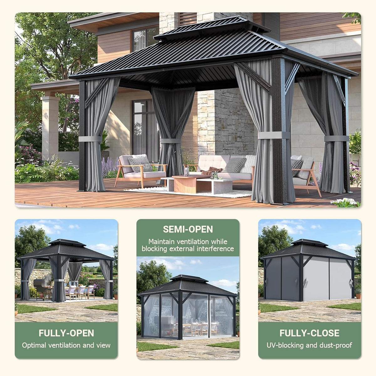 Stylish 10' x 12' Dark Gray Aluminum Outdoor Gazebo – Perfect for Any Patio or Garden