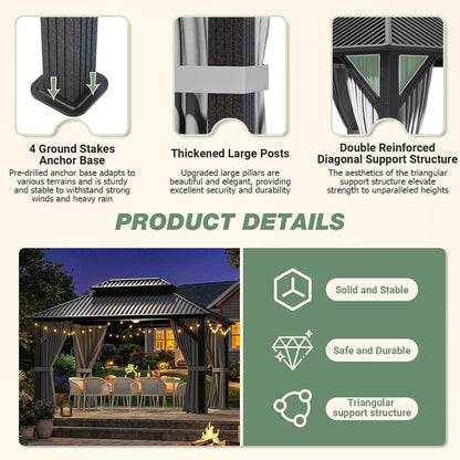 Stylish 10' x 12' Dark Gray Aluminum Outdoor Gazebo – Perfect for Any Patio or Garden