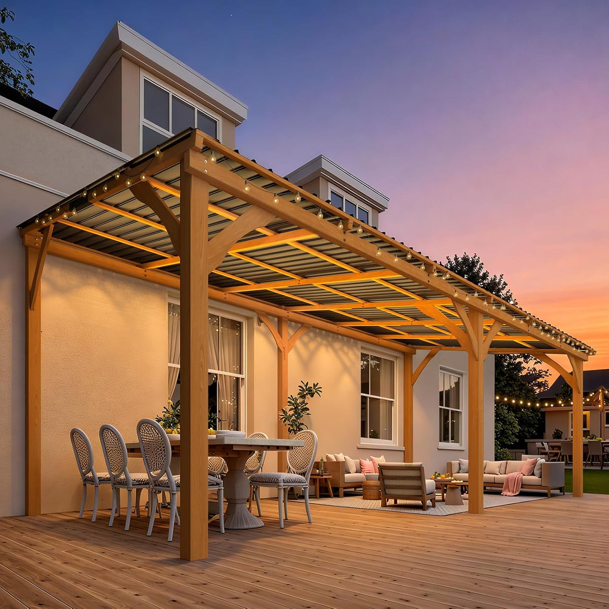 20' x 10' Outdoor Wooden Gazebo - Large Cedar Pergola with Hardtop Design for Patios, Decks, and Backyards, Wall-Mounted Heavy-Duty Awning