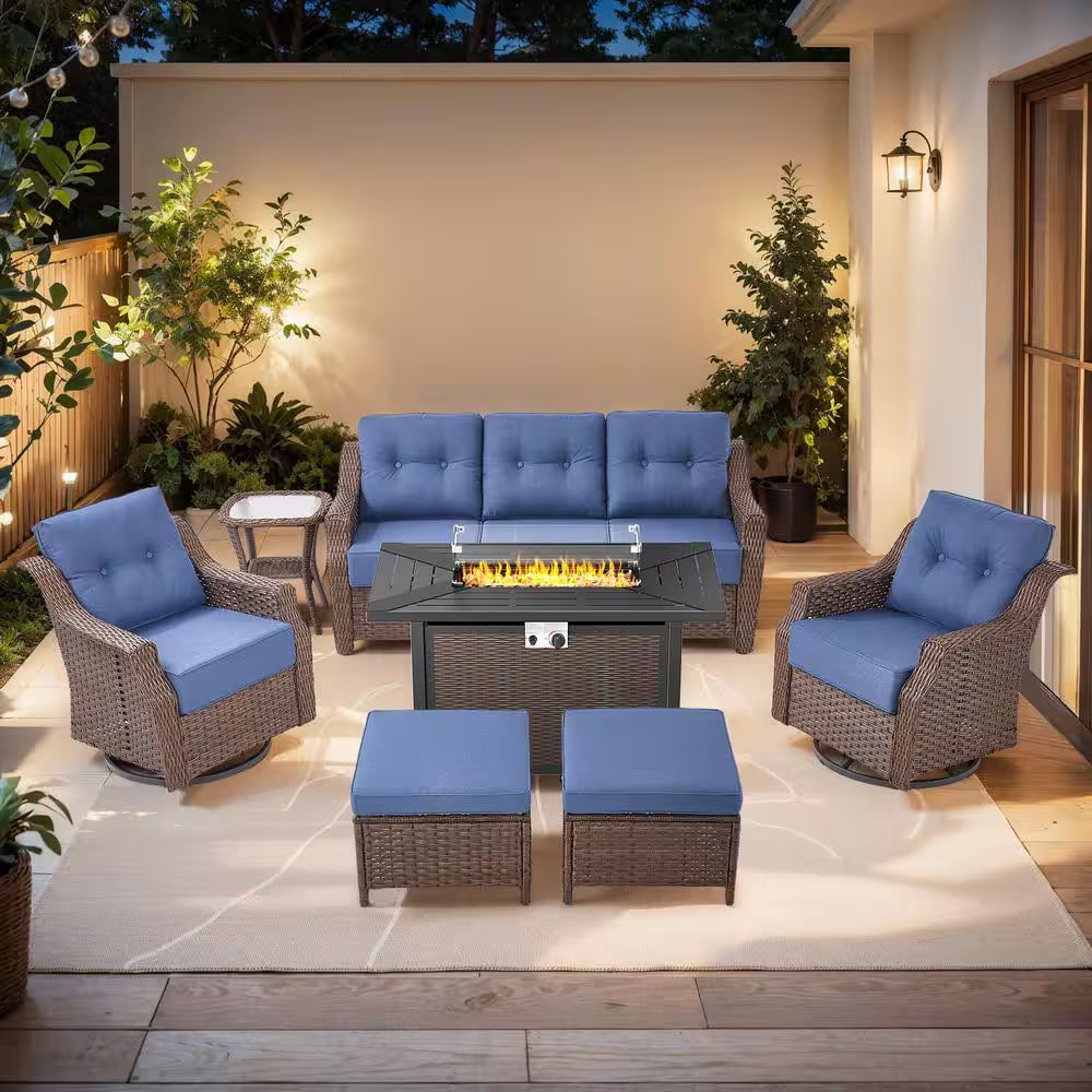 Chic Modern Farmhouse 7-Piece Brown Wicker Patio Set with Beige Cushions & Stylish Metal Fire Pit