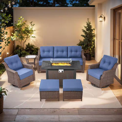 Chic Modern Farmhouse 7-Piece Brown Wicker Patio Set with Beige Cushions & Stylish Metal Fire Pit