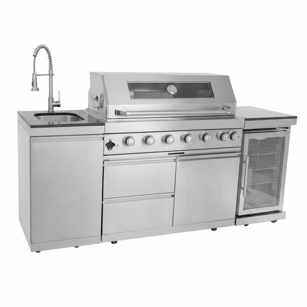Outdoor Kitchen Island 85" 6-Burner 85000 BTU Deluxe Modular BBQ Island - Grill Islands W/Wine Cooler, Built in Combo outside Island + Rotisserie & Granite Top Outdoor Grill