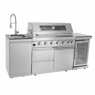 Outdoor Kitchen Island Built to Transform Patios, 85000 BTU 6-Burner, Wine Cooler, Granite Countertop