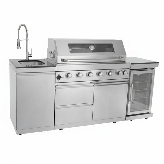 Outdoor Kitchen Island 85" 6-Burner 85000 BTU Deluxe Modular BBQ Island - Grill Islands W/Wine Cooler, Built in Combo outside Island + Rotisserie & Granite Top Outdoor Grill