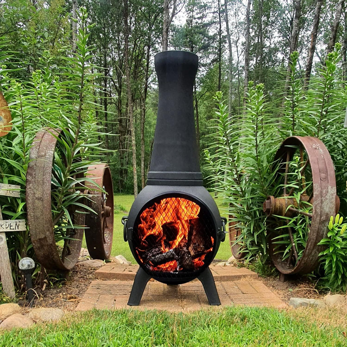 Elevate Your Outdoor Experience with the Blue Rooster Prairie Fire 44" Tall Wood-Burning Cast Aluminum Chiminea - Perfect for Deck or Patio!