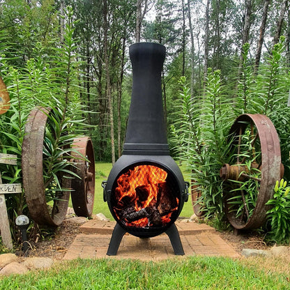 Elevate Your Outdoor Experience with the Blue Rooster Prairie Fire 44" Tall Wood-Burning Cast Aluminum Chiminea - Perfect for Deck or Patio!