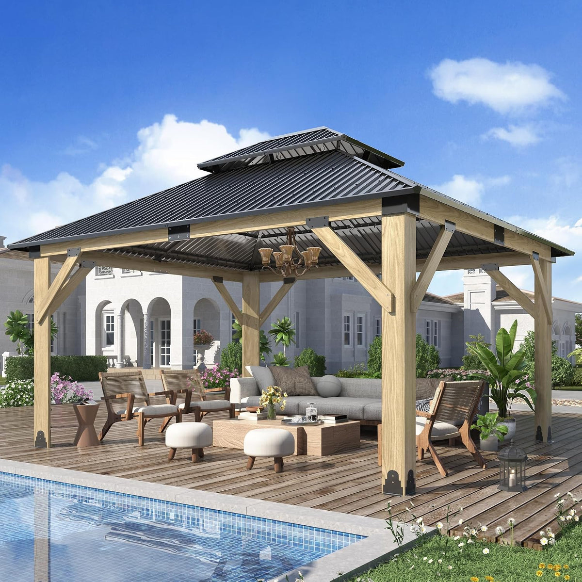 Luxurious 12’X 20’ Outdoor Spruce Wood Gazebo with Elegant Double Roof Design and Versatile Shelving