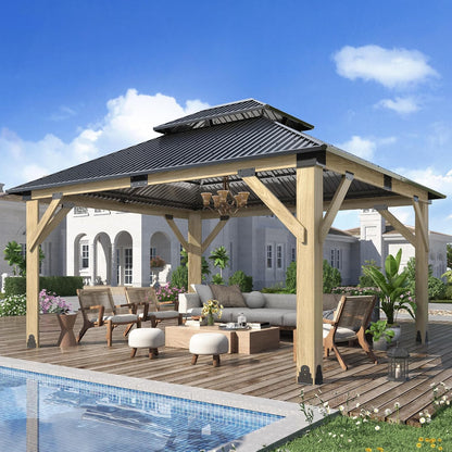 Luxurious 12’X 20’ Outdoor Spruce Wood Gazebo with Elegant Double Roof Design and Versatile Shelving