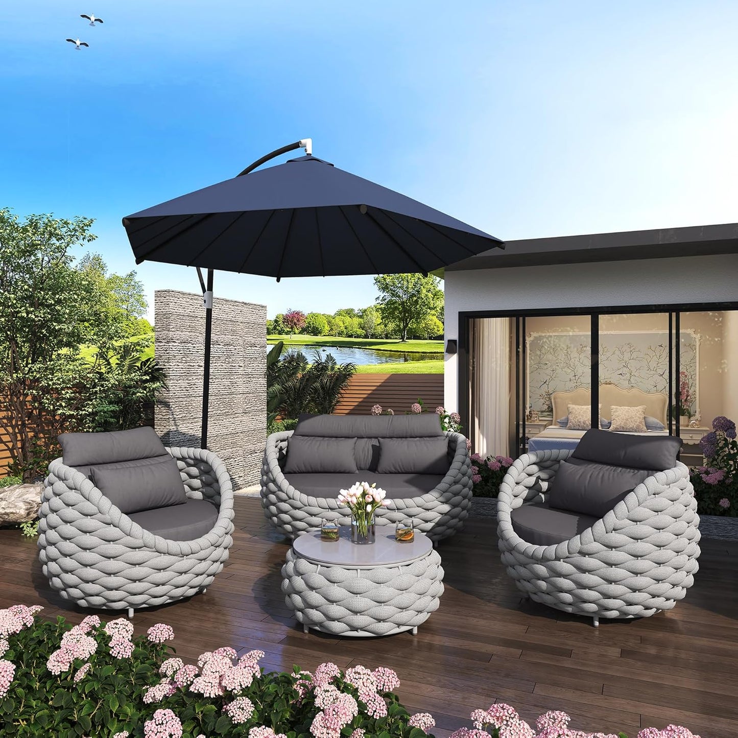 6-Piece Aluminum Patio Furniture Set,Polyester Light Grey W/Table | Olefin Rope Modern Outdoor Conversation Set Sectional Sofa with Water Repellent Thick Cushions for Balcony, Garden