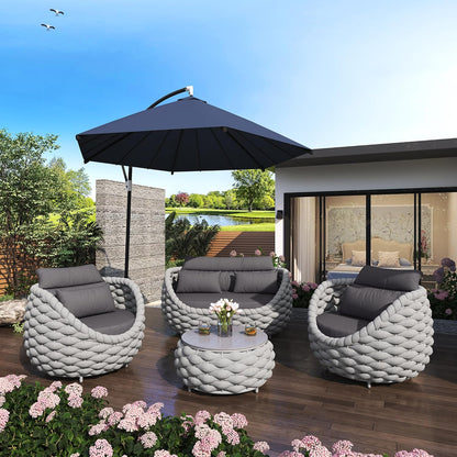 6-Piece Aluminum Patio Furniture Set,Polyester Light Grey W/Table | Olefin Rope Modern Outdoor Conversation Set Sectional Sofa with Water Repellent Thick Cushions for Balcony, Garden