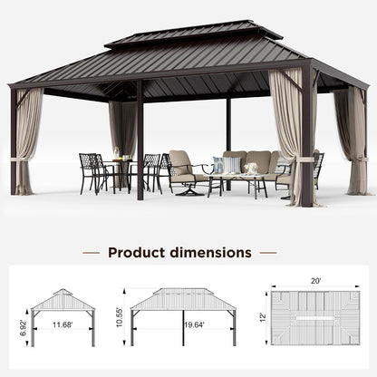 12x20 ft Hardtop Gazebo with Metal Frame, Netting, and Curtains