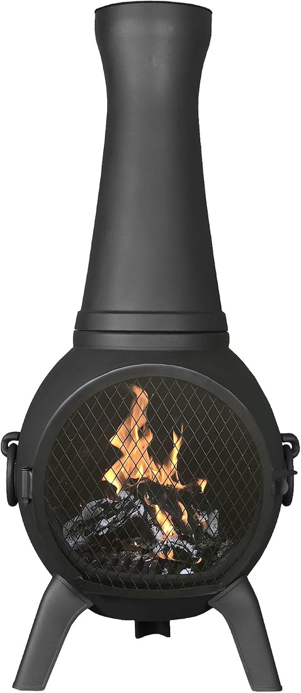 Elevate Your Outdoor Experience with the Blue Rooster Prairie Fire 44" Tall Wood-Burning Cast Aluminum Chiminea - Perfect for Deck or Patio!