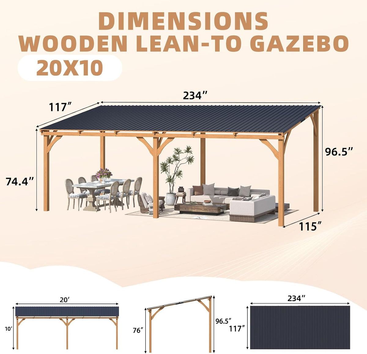 20' x 10' Outdoor Wooden Gazebo - Large Cedar Pergola with Hardtop Design for Patios, Decks, and Backyards, Wall-Mounted Heavy-Duty Awning