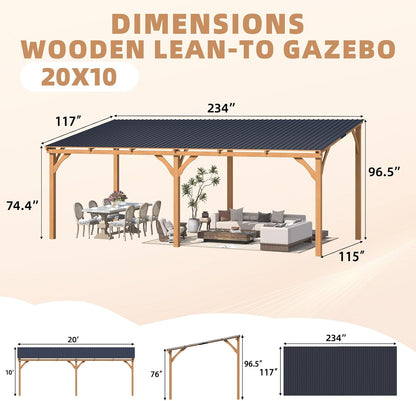 20' x 10' Outdoor Wooden Gazebo - Large Cedar Pergola with Hardtop Design for Patios, Decks, and Backyards, Wall-Mounted Heavy-Duty Awning
