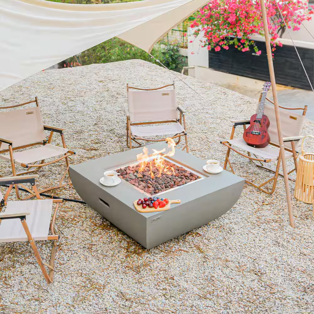Westport 34" Grey Round Concrete Propane Fire Pit Table with Electronic Ignition, Cover & Lava Rock - Perfect for Cozy Evenings Outdoors!