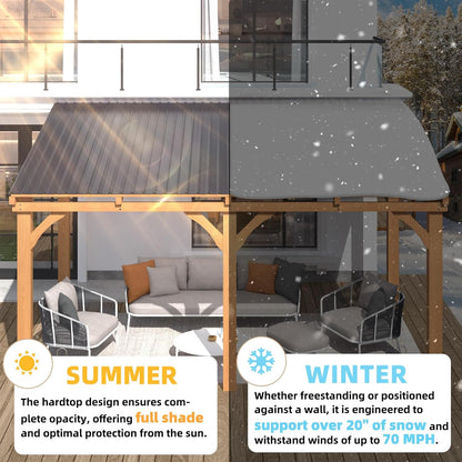 20' x 10' Outdoor Wooden Gazebo - Large Cedar Pergola with Hardtop Design for Patios, Decks, and Backyards, Wall-Mounted Heavy-Duty Awning