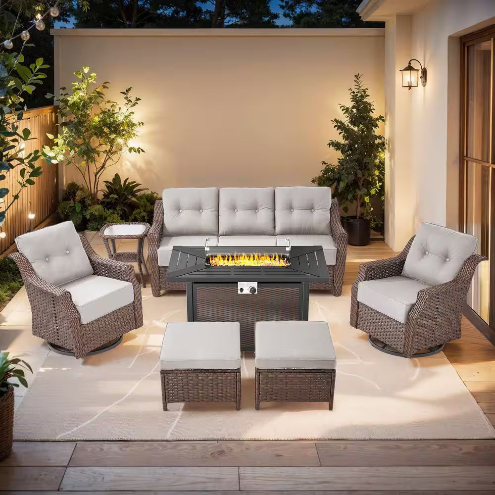 Chic Modern Farmhouse 7-Piece Brown Wicker Patio Set with Beige Cushions & Stylish Metal Fire Pit