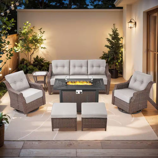 Chic Modern Farmhouse 7-Piece Brown Wicker Patio Set with Beige Cushions & Stylish Metal Fire Pit