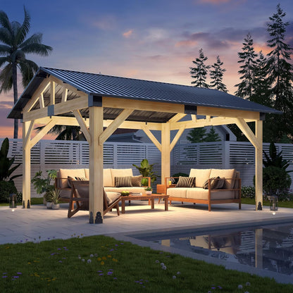 Luxurious 12’X 20’ Outdoor Spruce Wood Gazebo with Elegant Double Roof Design and Versatile Shelving
