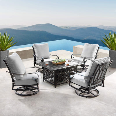 Stylish 48-Inch Rectangular Aluminum Fire Table Set with Four Comfortable Swivel Rockers, Fire Beads, Lid, and Weather-Resistant Covers