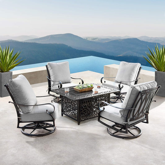 Stylish 48-Inch Rectangular Aluminum Fire Table Set with Four Comfortable Swivel Rockers, Fire Beads, Lid, and Weather-Resistant Covers