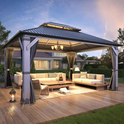 Luxurious 12’X 20’ Outdoor Spruce Wood Gazebo with Elegant Double Roof Design and Versatile Shelving