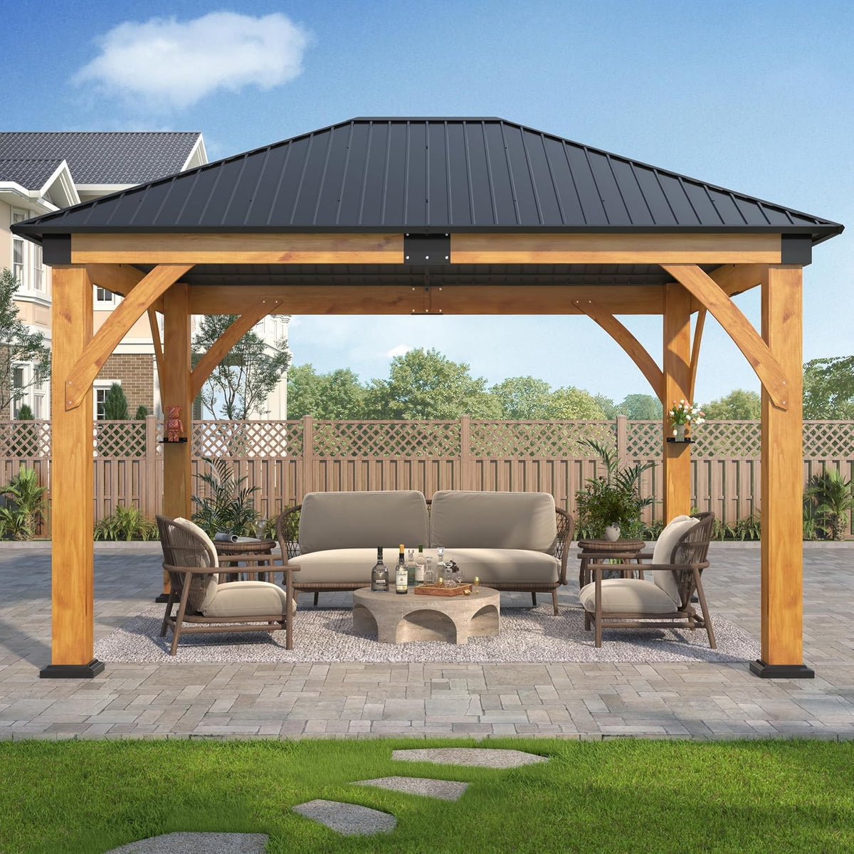 Luxurious 12’X 20’ Outdoor Spruce Wood Gazebo with Elegant Double Roof Design and Versatile Shelving