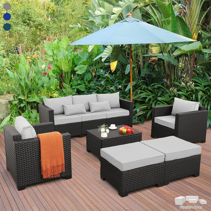 Luxurious 7-Piece Outdoor Patio Furniture Set with 45-Inch Propane Fire Pit Table - 60000 BTU, Light Grey Sofa & Chairs, Anti-Slip Cushions, Waterproof Covers