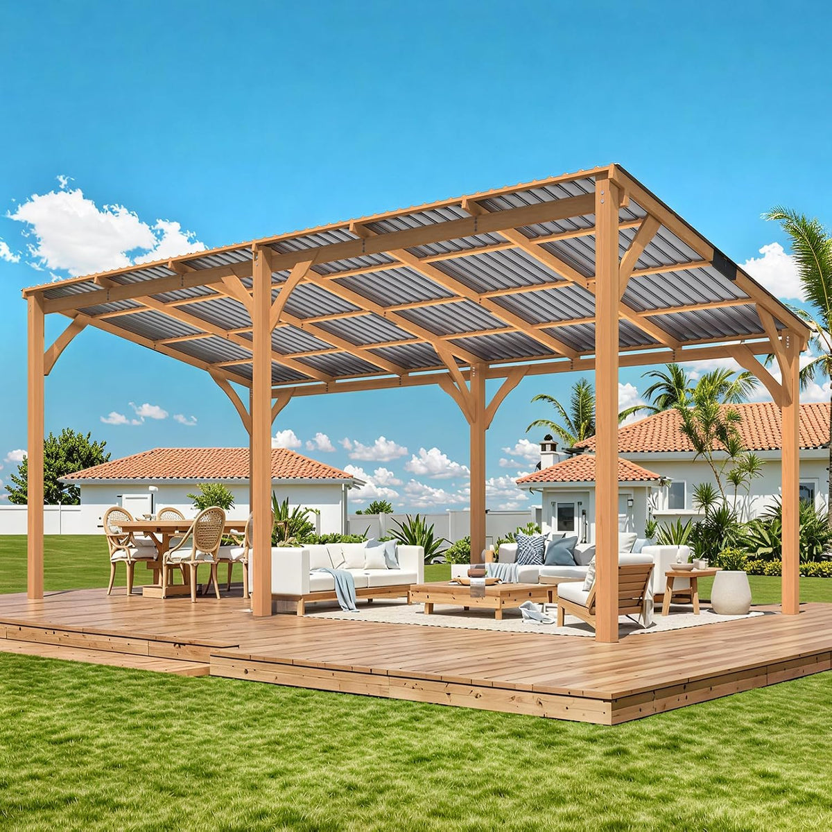 20' x 10' Outdoor Wooden Gazebo - Large Cedar Pergola with Hardtop Design for Patios, Decks, and Backyards, Wall-Mounted Heavy-Duty Awning