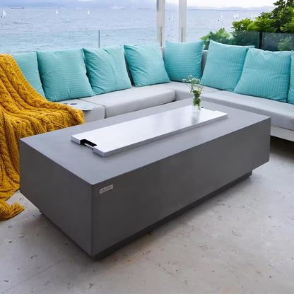 Granville 60" x 27" Rectangular Concrete Propane Fire Table with Lava Rocks and Protective Cover for Outdoor Settings