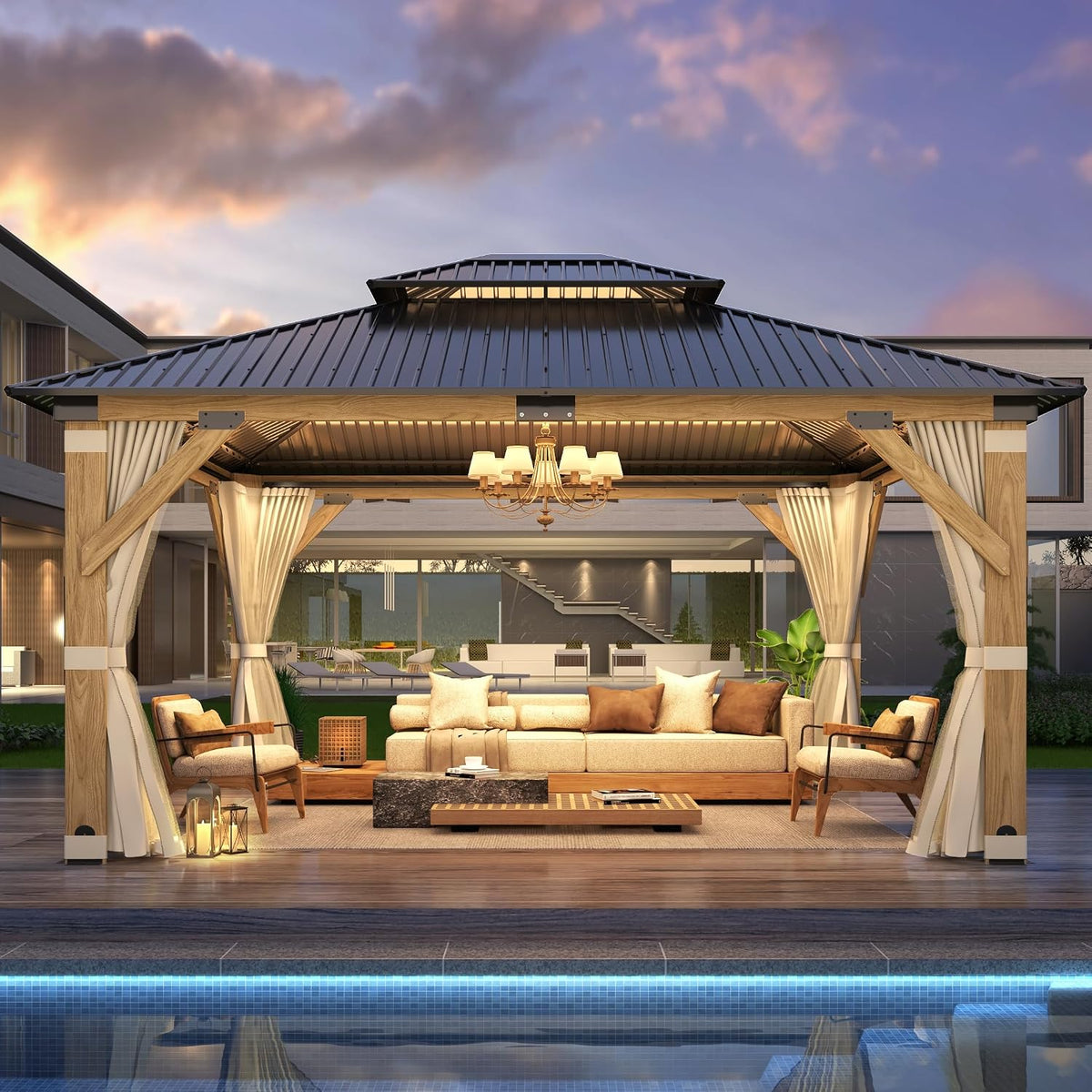 Luxurious 12’X 20’ Outdoor Spruce Wood Gazebo with Elegant Double Roof Design and Versatile Shelving