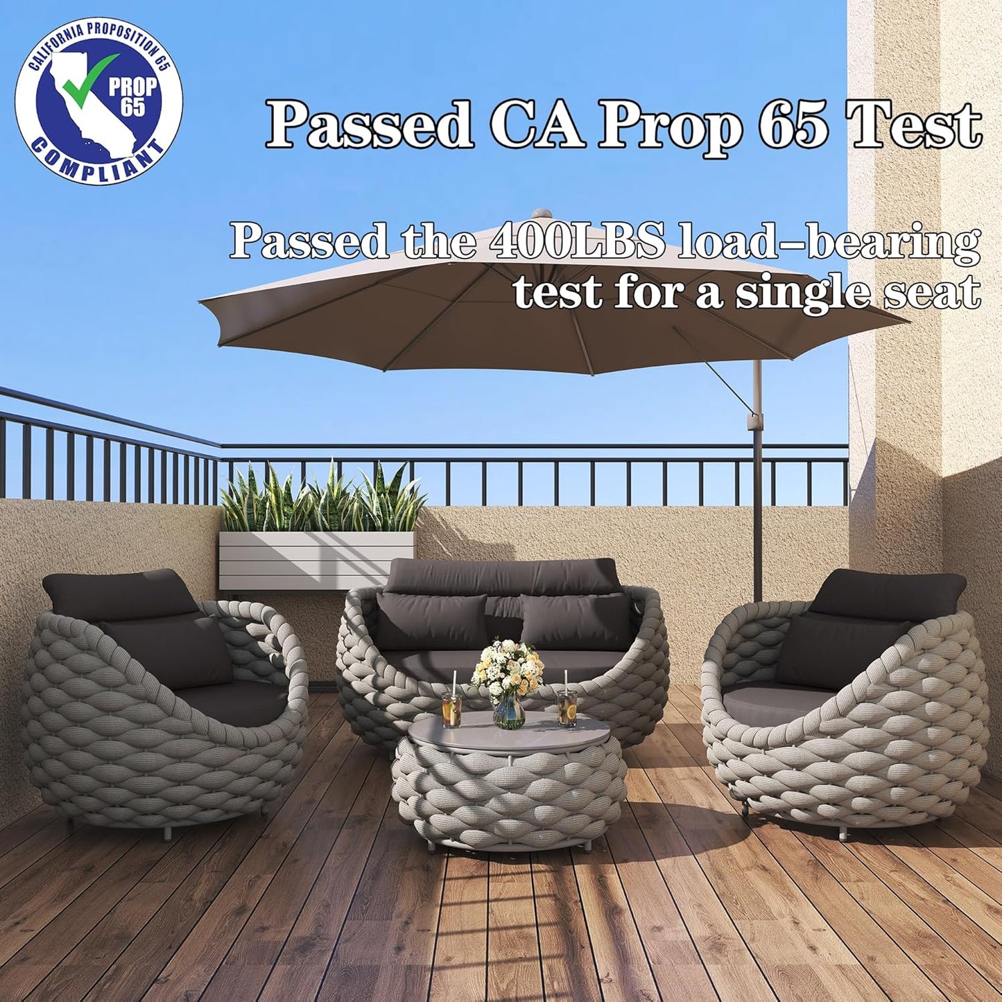 6-Piece Aluminum Patio Furniture Set,Polyester Light Grey W/Table | Olefin Rope Modern Outdoor Conversation Set Sectional Sofa with Water Repellent Thick Cushions for Balcony, Garden