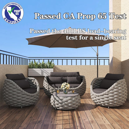 6-Piece Aluminum Patio Furniture Set,Polyester Light Grey W/Table | Olefin Rope Modern Outdoor Conversation Set Sectional Sofa with Water Repellent Thick Cushions for Balcony, Garden