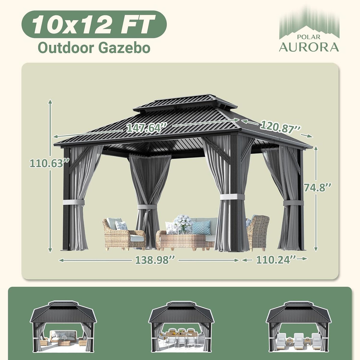Stylish 10' x 12' Dark Gray Aluminum Outdoor Gazebo – Perfect for Any Patio or Garden