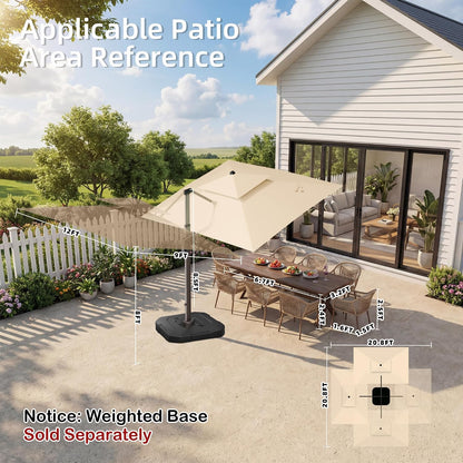 9' X 12' Patio Umbrella with LED Lights Outdoor Cantilever Umbrellas | Heavy Duty Aluminum Frame, Double Top Waterproof Canopy, 360-Degree Rotation, for Pool Garden Deck, Beige