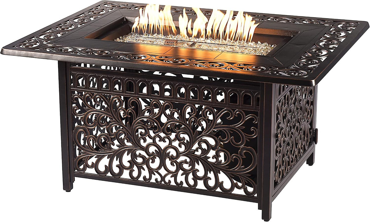 Stylish 48-Inch Rectangular Aluminum Fire Table Set with Four Comfortable Swivel Rockers, Fire Beads, Lid, and Weather-Resistant Covers