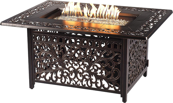 Stylish 48-Inch Rectangular Aluminum Fire Table Set with Four Comfortable Swivel Rockers, Fire Beads, Lid, and Weather-Resistant Covers